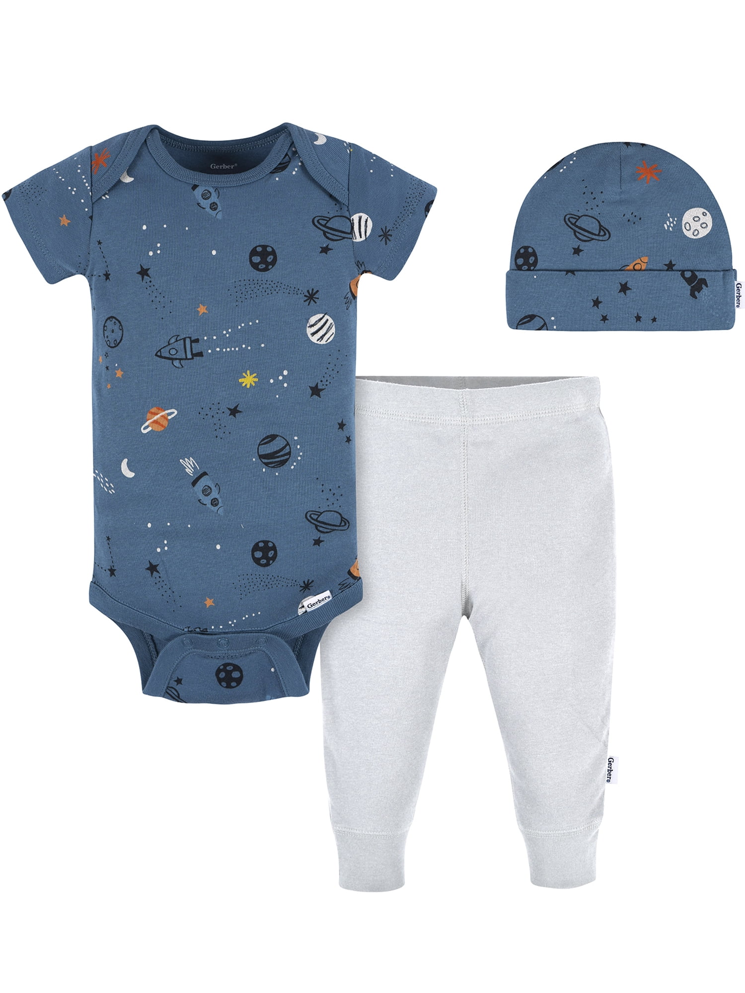 Gerber Gender Neutral Onesie, Pant and Cap Outfit Set, 3-Piece, Sizes 0/3 Months - 12 Months
