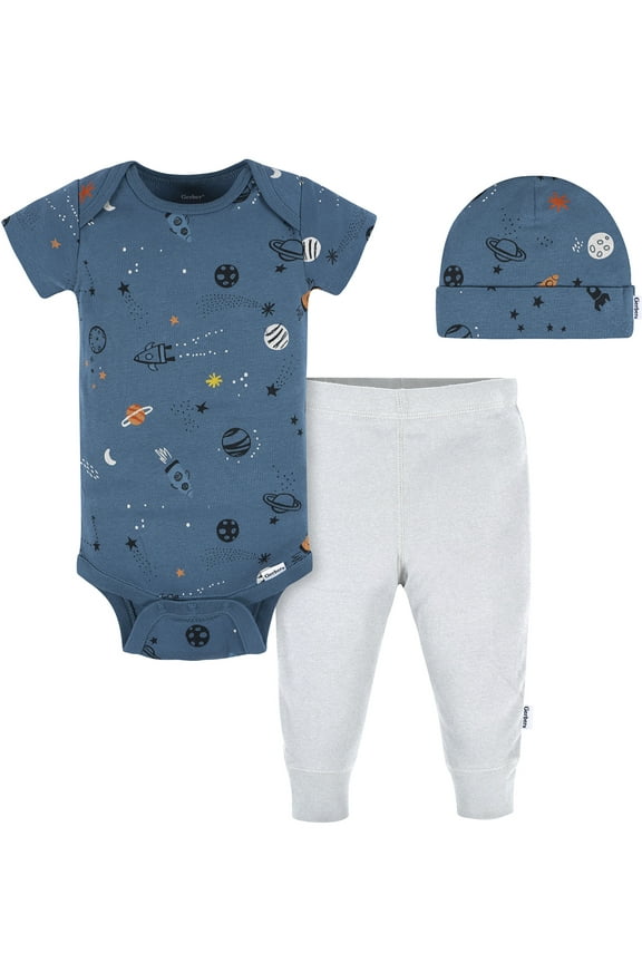 Gender Neutral Onesie, Pant and Cap Outfit Set, 3-Piece, Sizes 0/3 Months - 12 Months