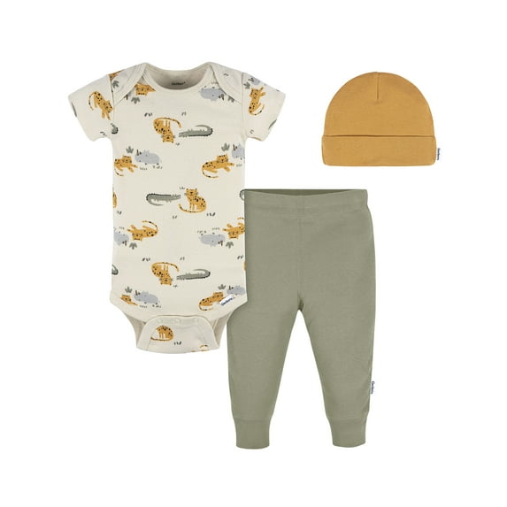 Gerber Gender Neutral Onesie, Pant and Cap Outfit Set, 3-Piece, Sizes 0/3 Months - 12 Months