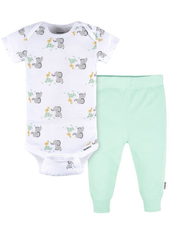 Gender Neutral Short Sleeve Onesie and Pant Outfit Set, 2-Piece, Sizes 0/3 Months - 12 Months