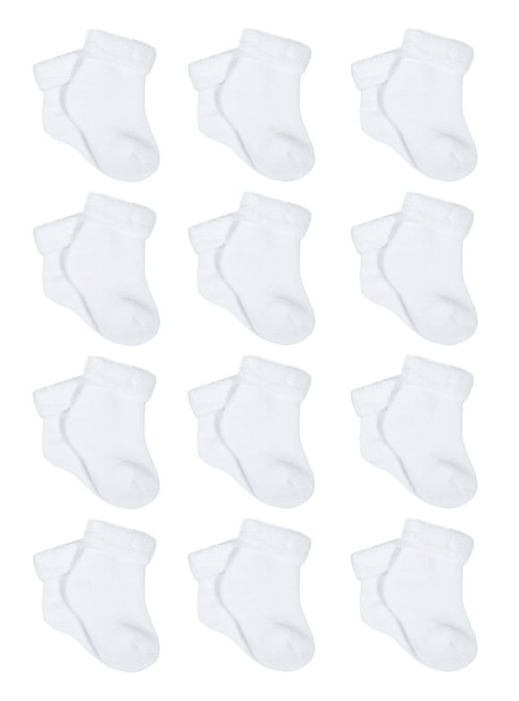 Gerber Gender Neutral White Terry Bootie Wiggle-Proof Socks, 12-Pack, Sizes Newborn-0/6 Months
