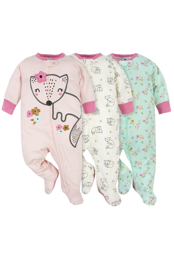 Girls' Long Sleeve Footed Sleep N' Plays, 3-Pack, Sizes Newborn - 6/9M