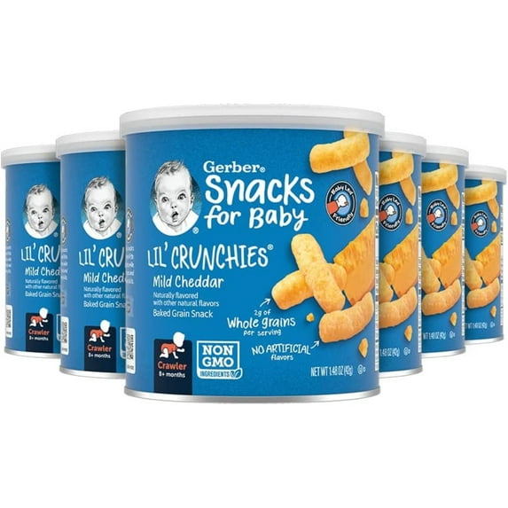 Gerber Lil' Crunchies Baked Corn Snack, Mild Cheddar, 1.48 oz. Canisters (Pack of 6)