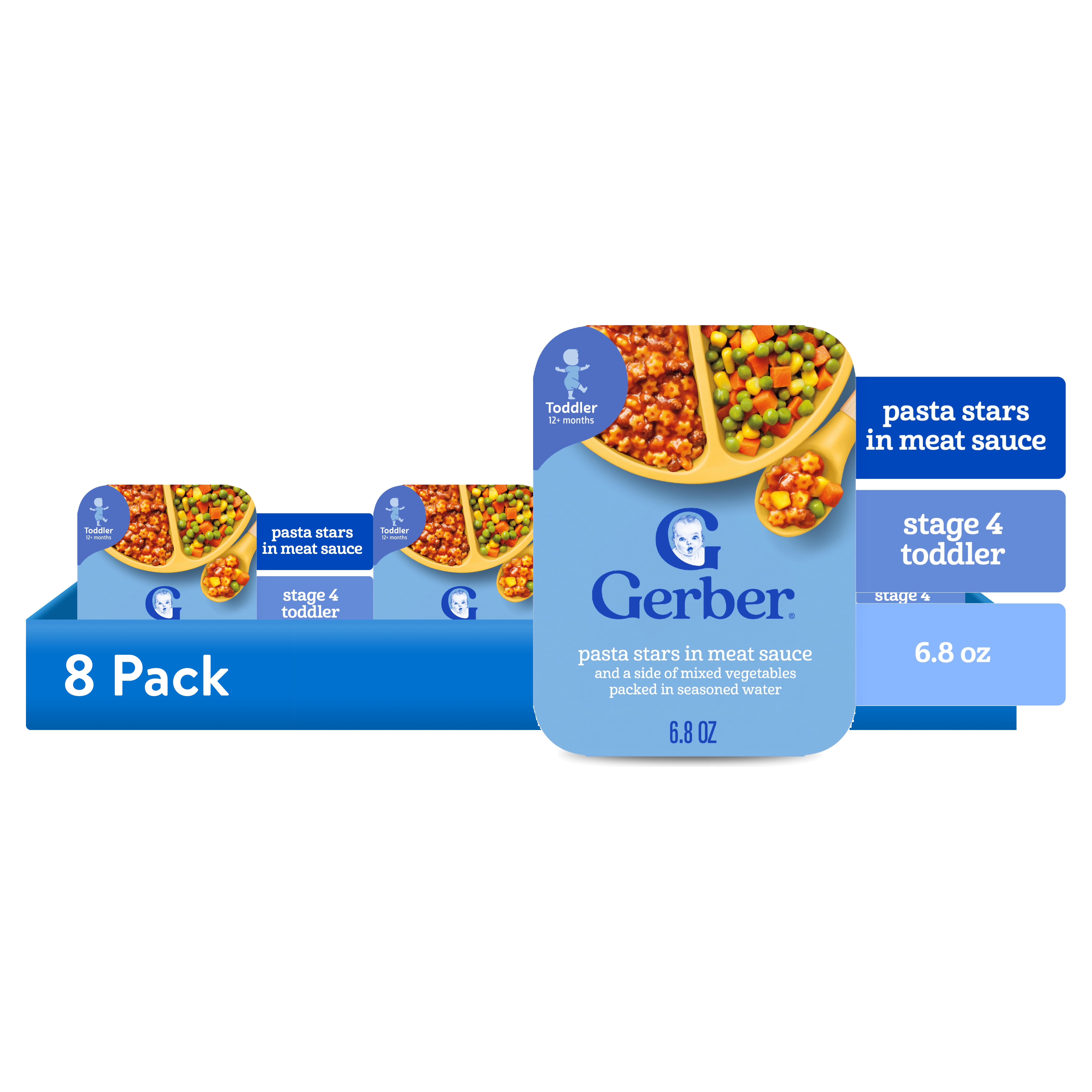 (8 pack) Gerber Mealtime for Toddler, Pasta Stars in Meat Sauce and a side of Mixed Vegetables, Toddler Food, 6.8 oz Tray