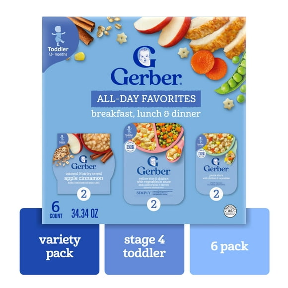 Gerber Toddler Food Variety 6 Pack, All Day Favorites, Breakfast, Lunch & Dinner 2.14 lb.