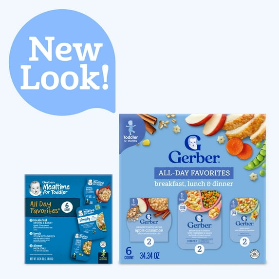 Gerber Toddler Food Variety 6 Pack, All Day Favorites, Breakfast, Lunch & Dinner 2.14 lb.