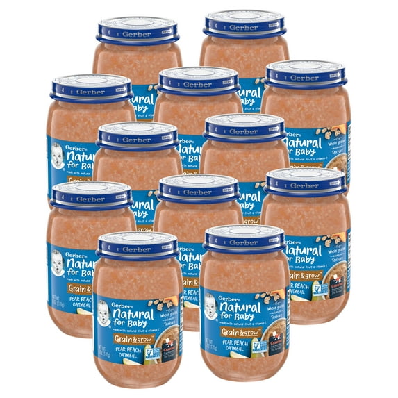 Gerber Natural for Baby Grain & Grow Stage 3 Baby Food, Pear Peach Oatmeal, 6 oz Jar, 12 Pack
