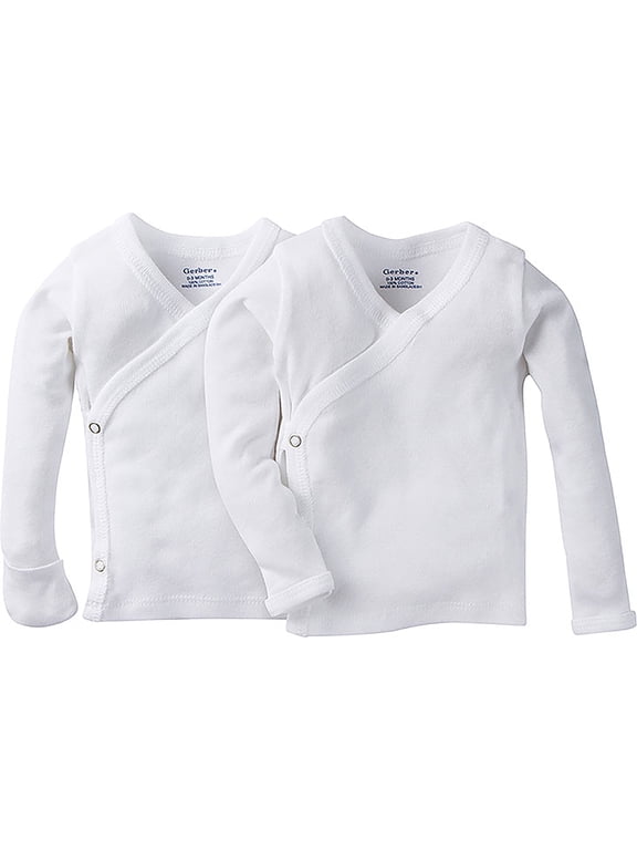 Newborn Baby Boy or Girl Unisex Long Sleeve Side Snap Shirt with Mitten Cuff, 2-Pack
