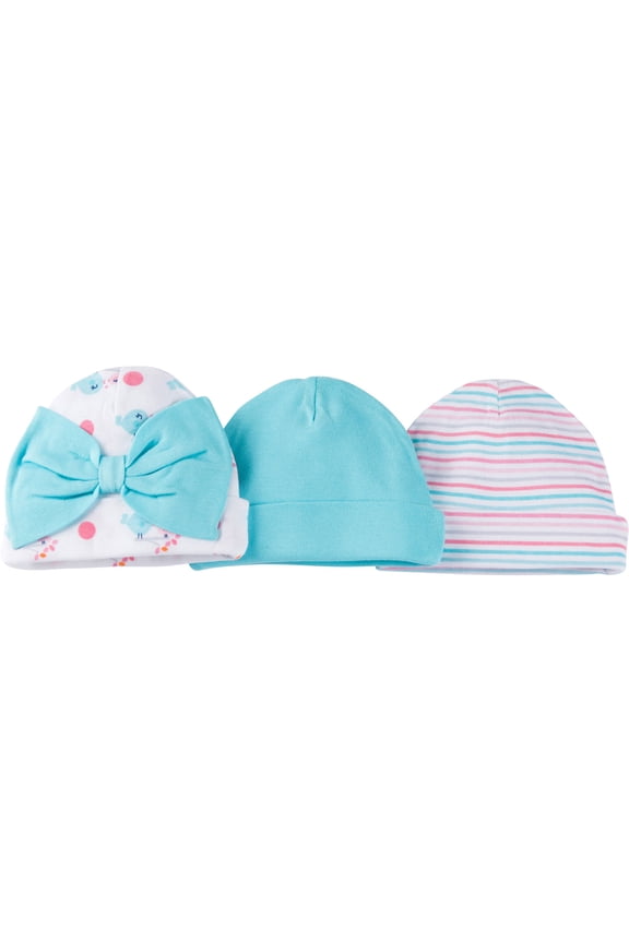 Newborn Baby Girl Assorted Printed Caps, 3-Pack