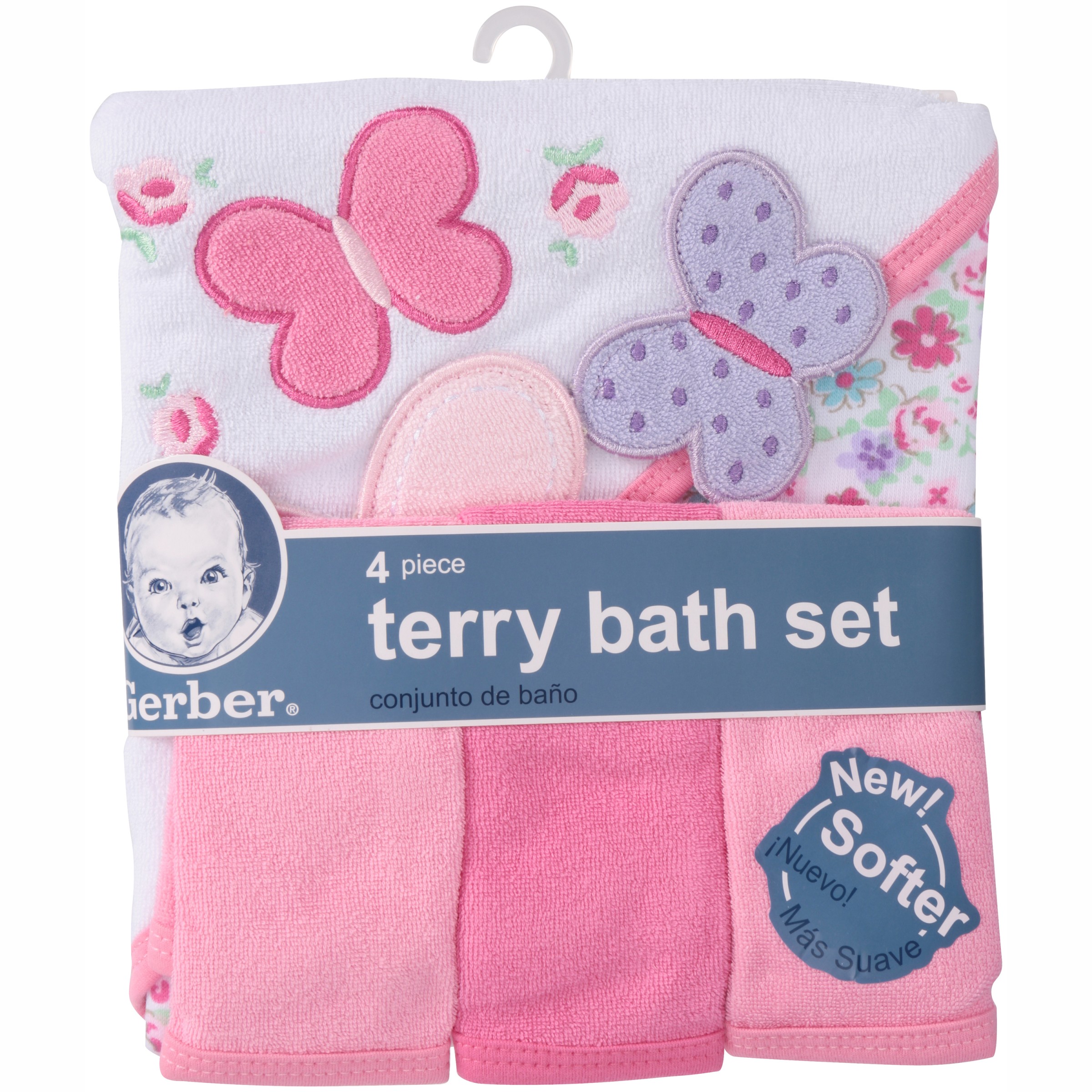 Gerber Newborn Baby Girl Towel and Washcloths Bath Gift Set, 4Piece
