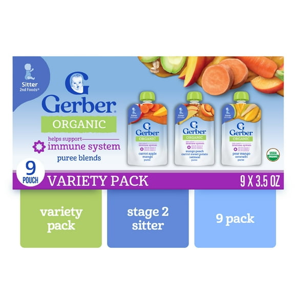 Gerber Stage 2 Baby Food, Organic Fruit Puree Variety Pack, 3.5 oz Pouches (9 Pack)​