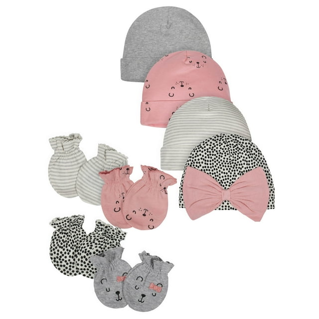 Gerber Organic Baby Girl Mittens and Caps Bundle, 8-Piece Set
