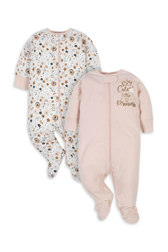 Organic Cotton Baby Girl Princess Sleep N' Play, 2 Pack