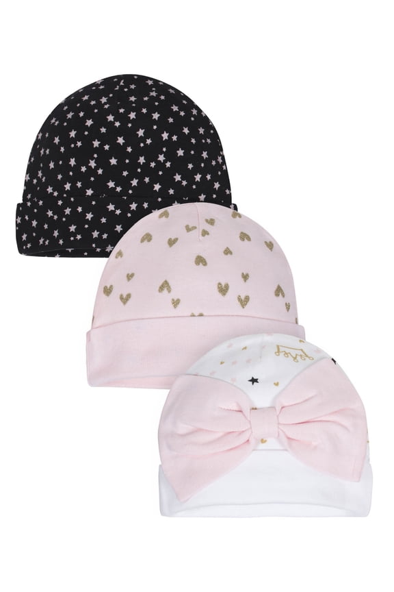 Organic Cotton Ribbed Caps, 3Pk (Baby Girl)