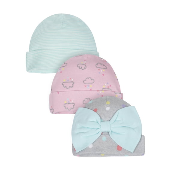 Gerber Organic Cotton Ribbed Caps, 3Pk (Baby Girl)