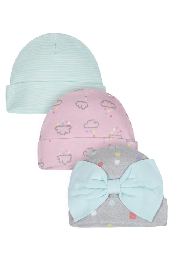 Organic Cotton Ribbed Caps, 3Pk (Baby Girl)