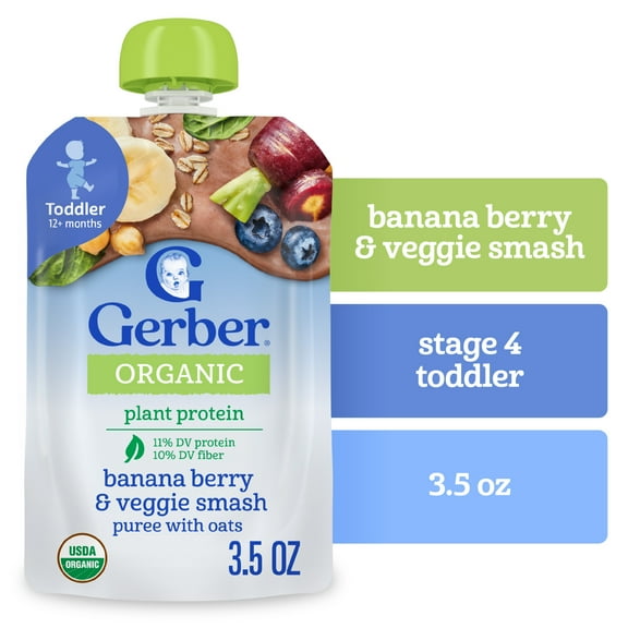 Gerber Organic Plant-tastic Toddler Food, Banana Berry & Veggie Smash, 3.5 oz Pouches (12 Pack)