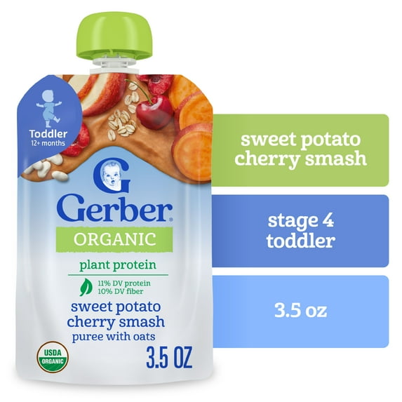 Gerber Organic Plant-tastic Toddler Food, Sweet Potato Cherry Smash, 3.5 oz Pouches (12 Pack)