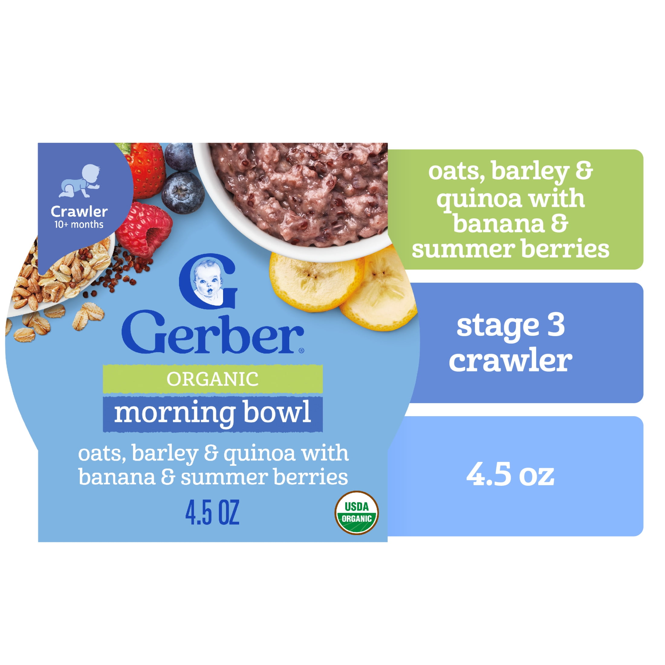 Gerber Organic Grain & Grow Morning Bowl Baby Oatmeal, Banana Mixed Berry, 4.5 oz Tray (8 Pack)