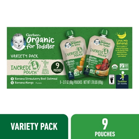 Gerber Organic IncrediPouch, Banana Mango and Banana Strawberry Beet Oatmeal Variety Pack, Toddler Food, 3.17 oz Pouches (9 Pack)