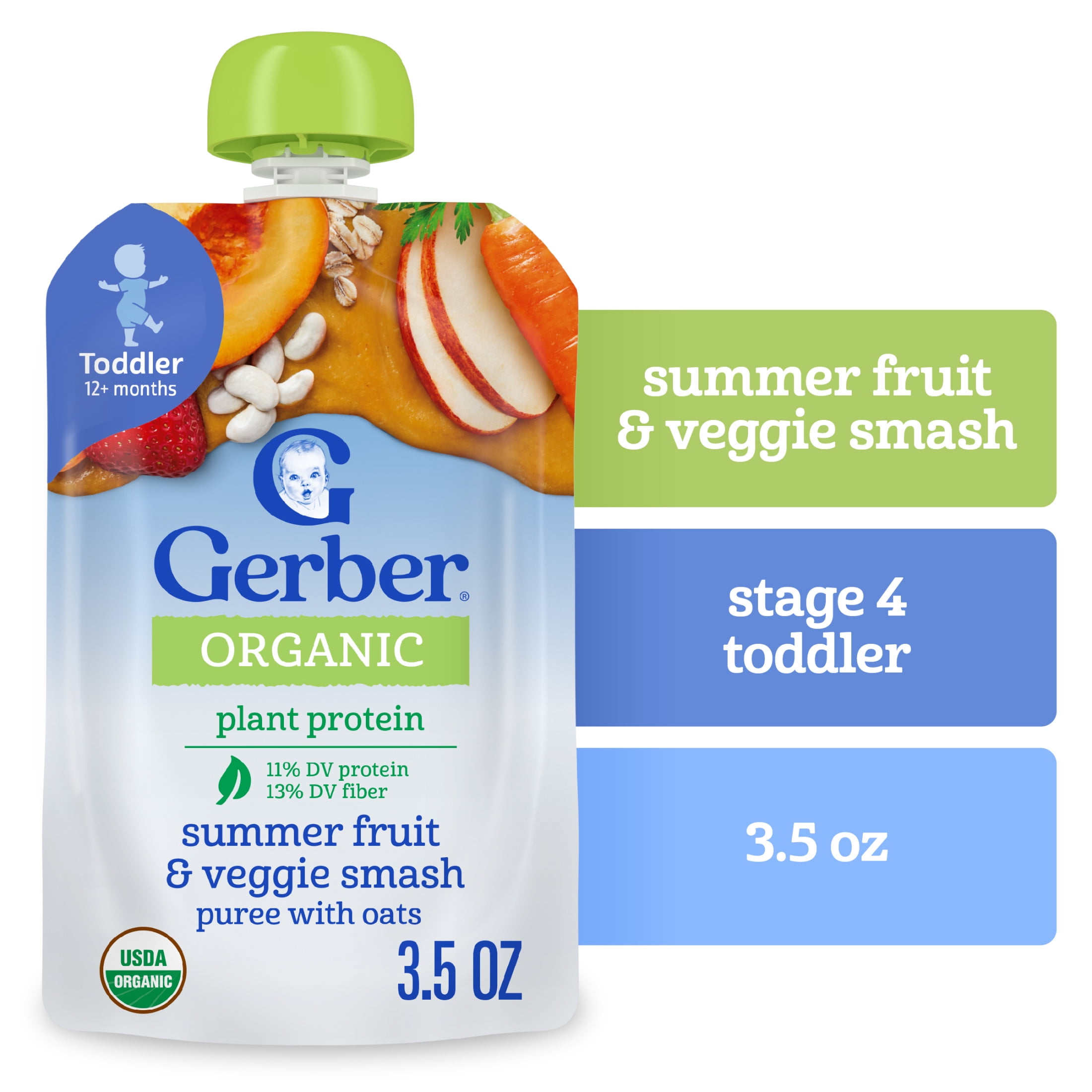 Gerber Organic Plant-tastic Toddler Food, Summer Fruit & Veggie Smash, 3.5 oz Pouches (12 Pack)