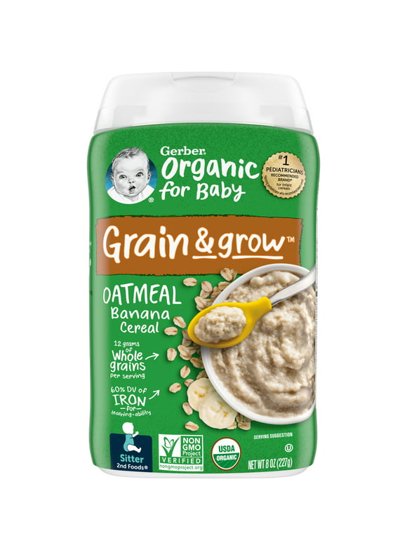 Gerber Organic for Babyrain &row 2nd Foods Non GMO Oatmeal Baby Cereal, Banana, 8 oz Canister (6 Pack)