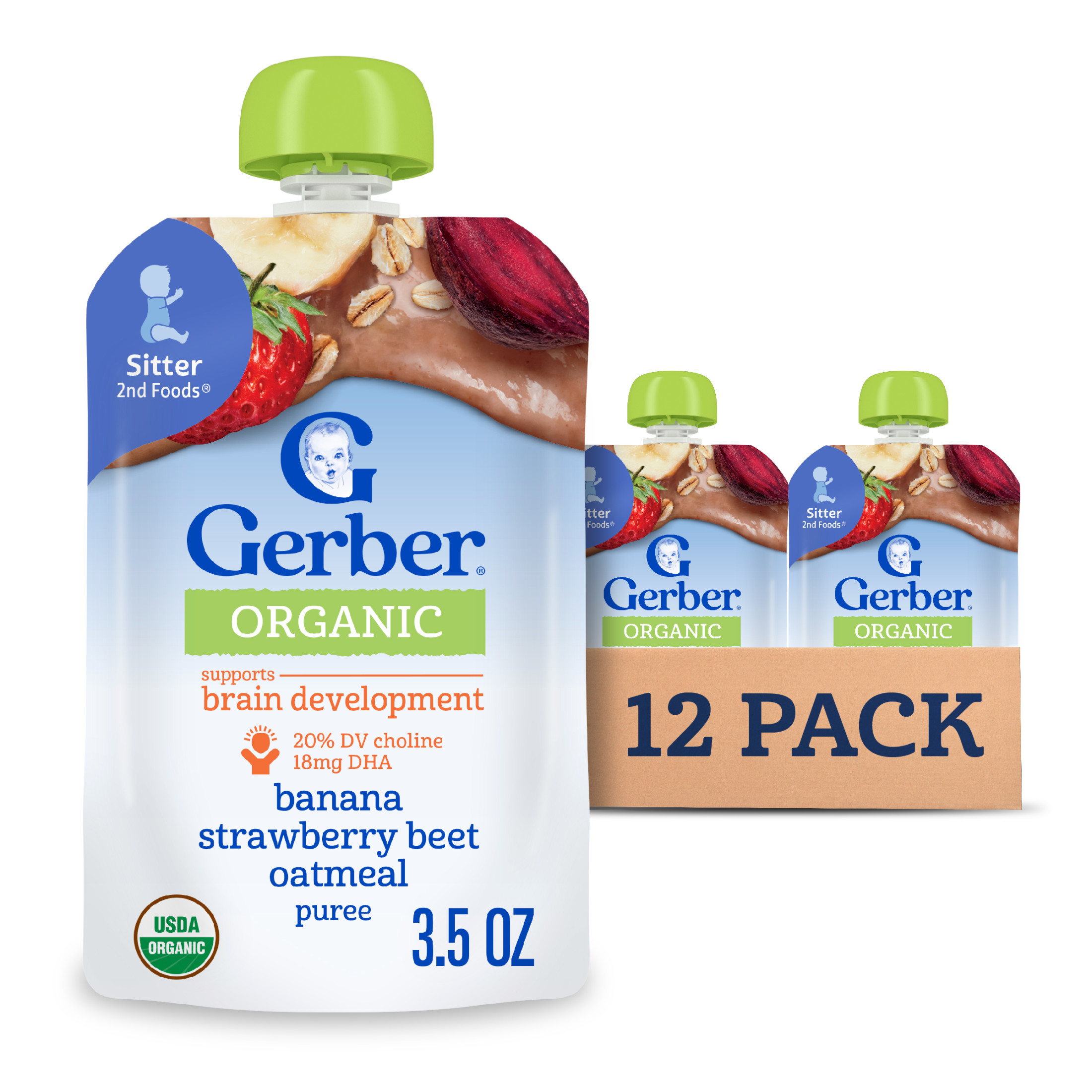 Gerber Organic Toddler Food, Banana Strawberry Beet Oatmeal Puree, 3.5 oz Pouch (12 Pack)