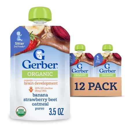 Gerber Organic Toddler Food, Banana Strawberry Beet Oatmeal Puree, 3.5 oz Pouch (12 Pack)