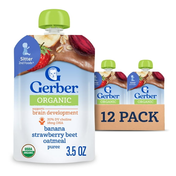 Gerber Organic Toddler Food, Banana Strawberry Beet Oatmeal Puree, 3.5 oz Pouch (12 Pack)