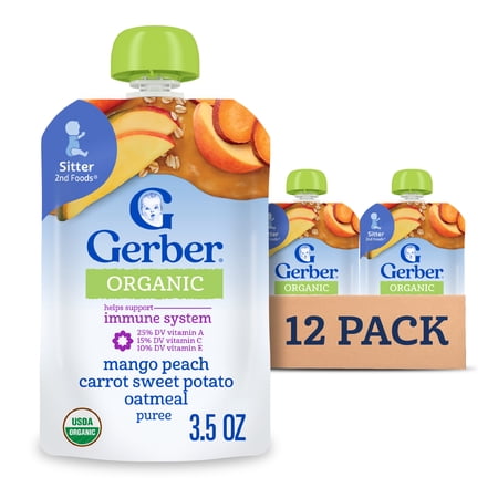 Gerber Organic Toddler Food, Mango Peach Carrot Sweet Potato Oatmeal Puree, 3.5 oz Pouch (12 Pack)
