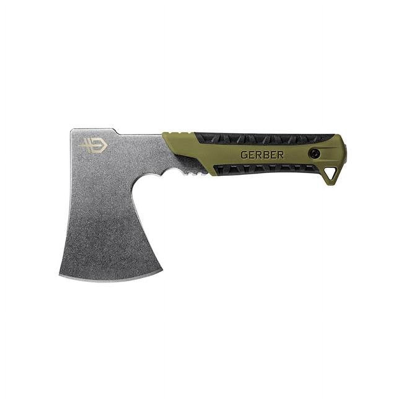Gerber Pack Hatchet, rubber overmold and belt carry sheath, Sage Green