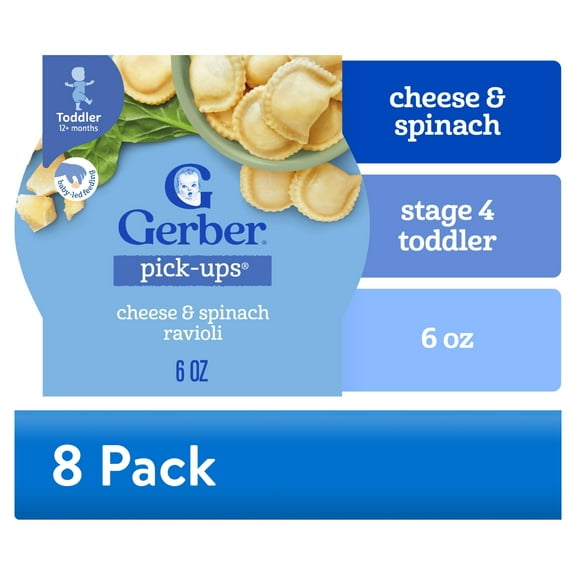 (8 pack) Gerber Mealtime for Toddler, Pick-Ups, Cheese & Spinach Ravioli, 6 oz Tray