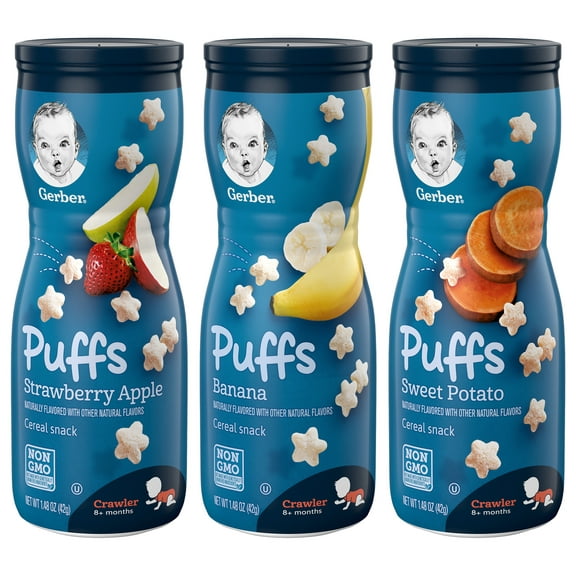 Gerber Puffs Variety Pack, 1 Strawberry Apple, 1 Banana, 1 Sweet Potato, 3 CT