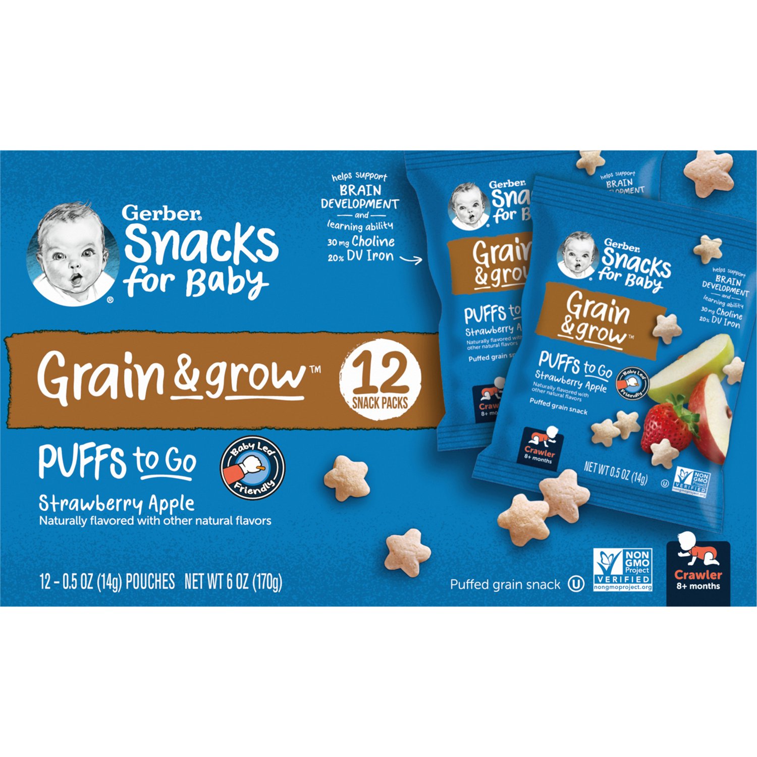 Gerber Puffs to Go Puffed Grain Snack, Strawberry Apple, 0.5 oz. Pouch (12 Pack) - image 1 of 10