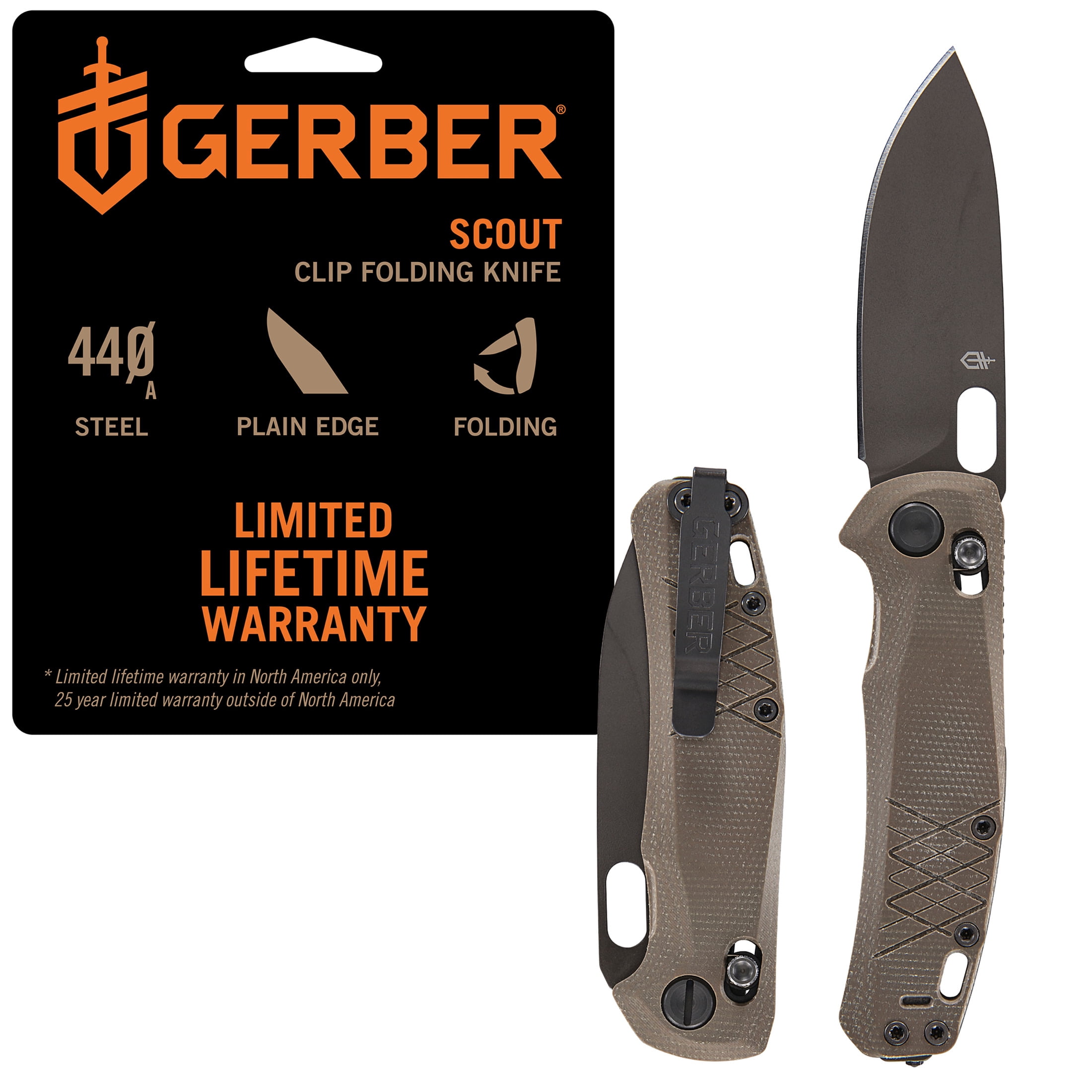 Gerber Scout Tan Folding Knife, Plain Edge, Drop Point