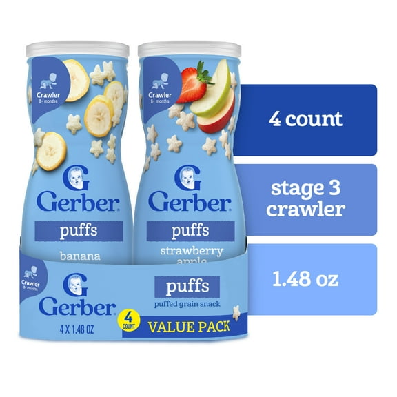 Gerber Snacks for Baby Grain & Grow Puffs, Banana & Apple Strawberry Variety Pack, 1.48 oz Canister (8 Pack)