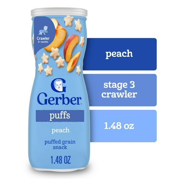 Gerber Snacks for Baby Grain & Grow Puffs, Peach, 1.48 oz Canister (6 Pack)