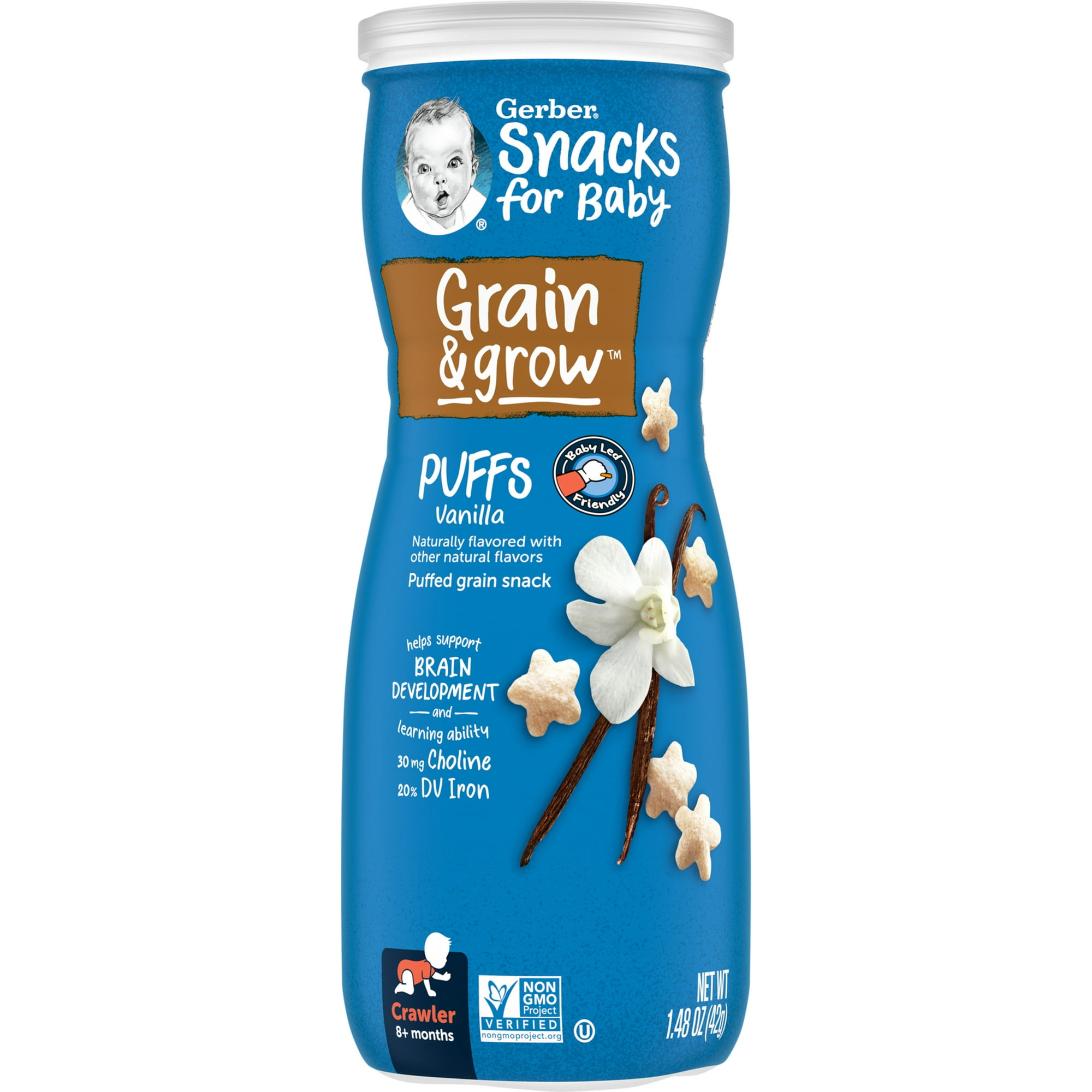 Gerber Snacks for Baby Grain & Grow Puffs, Vanilla, 1.48 oz Canister