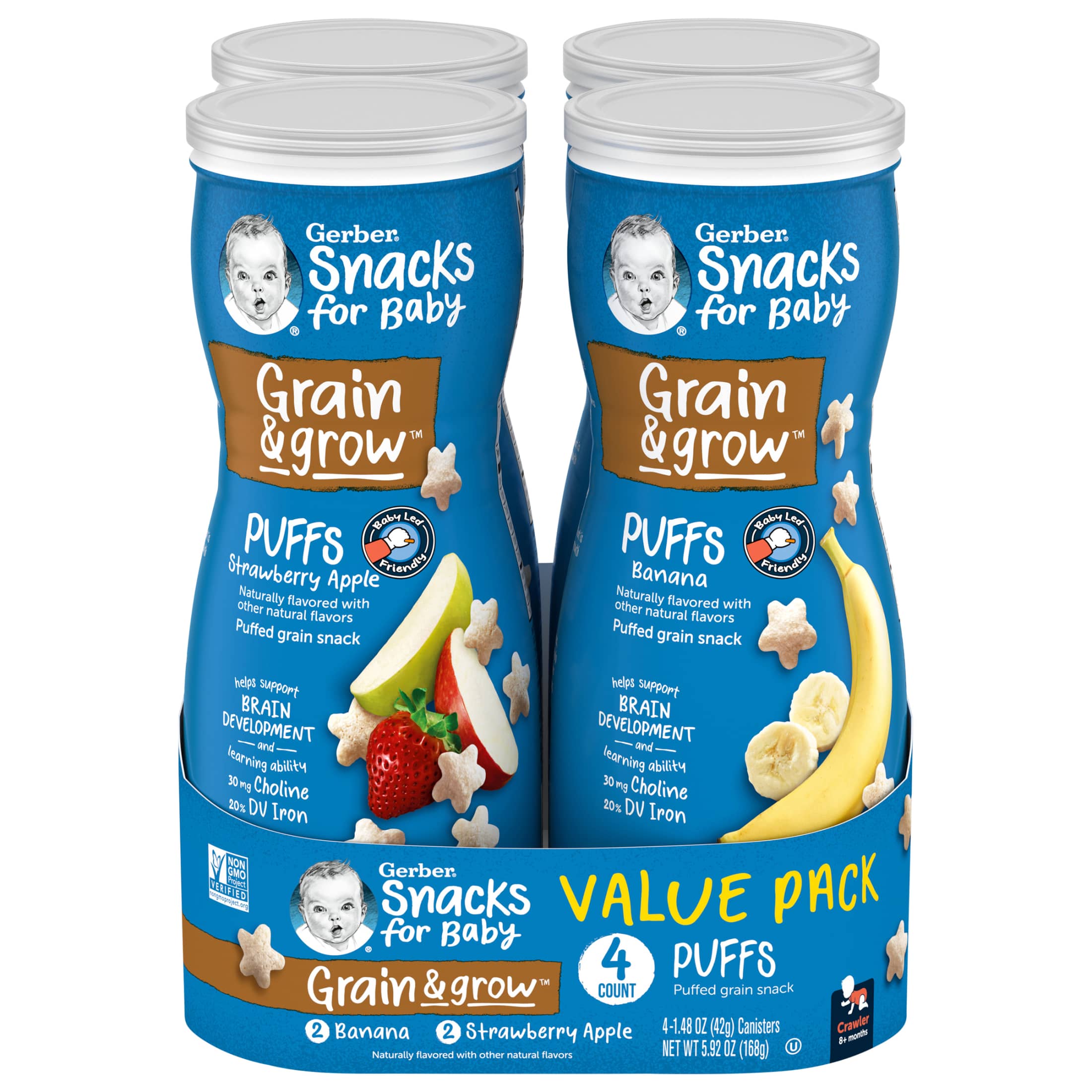 Gerber Snacks for Baby Grain &amp; Grow Puffs, Banana &amp; Apple Strawberry Variety Pack, 1.48 oz Canister (4 Pack) - image 1 of 6