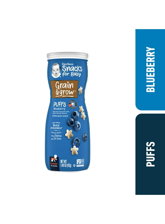Gerber Snacks for Baby Grain &amp; Grow Puffs, Blueberry, 1.48 oz Canister