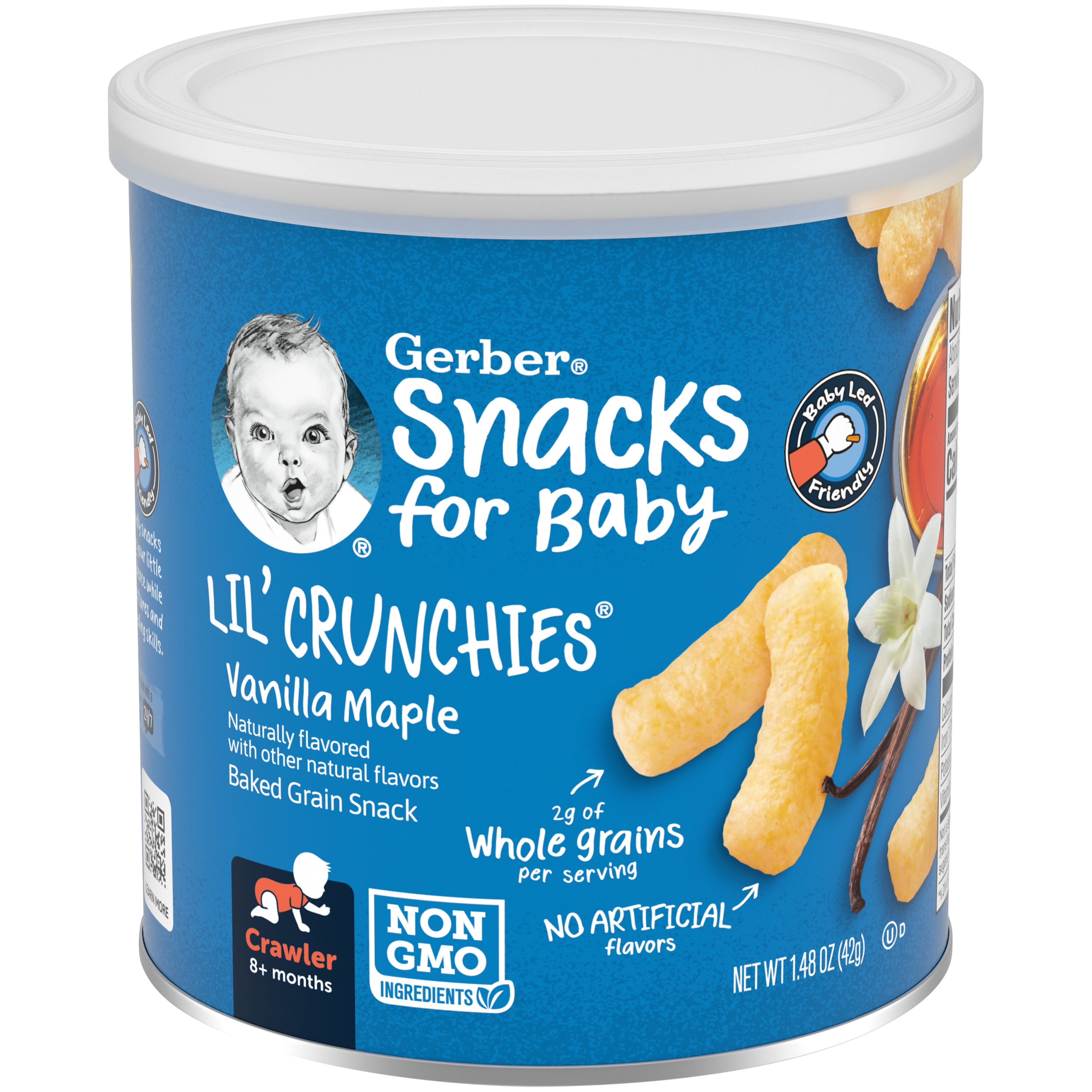 Gerber Snacks for Baby Lil Crunchies Baked Grain Vanilla Maple 1.48 oz Canister 6 Pack