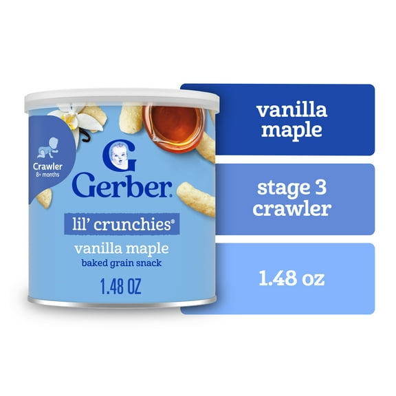 Gerber Snacks for Baby Lil Crunchies Baked Grain Vanilla Maple, 1.48 oz Canister