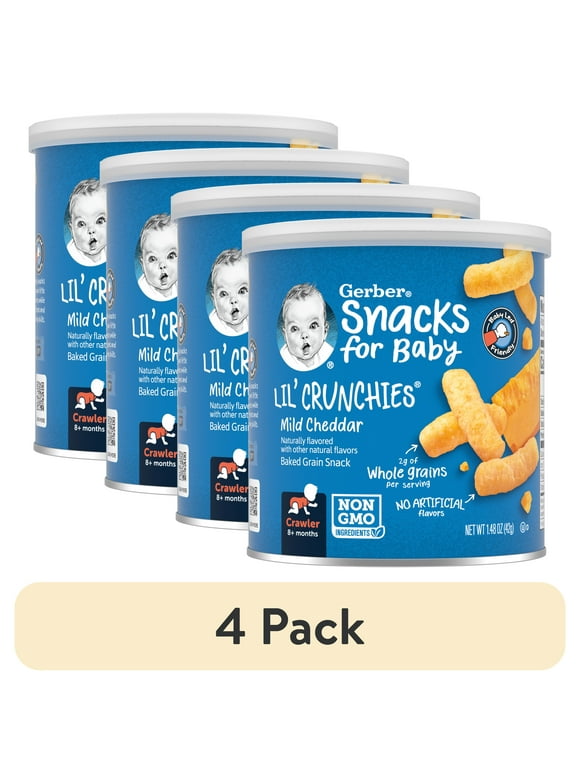 (4 pack) Gerber Snacks for Baby Lil Crunchies Mild Cheddar Baked Corn, 1.48 oz Canister