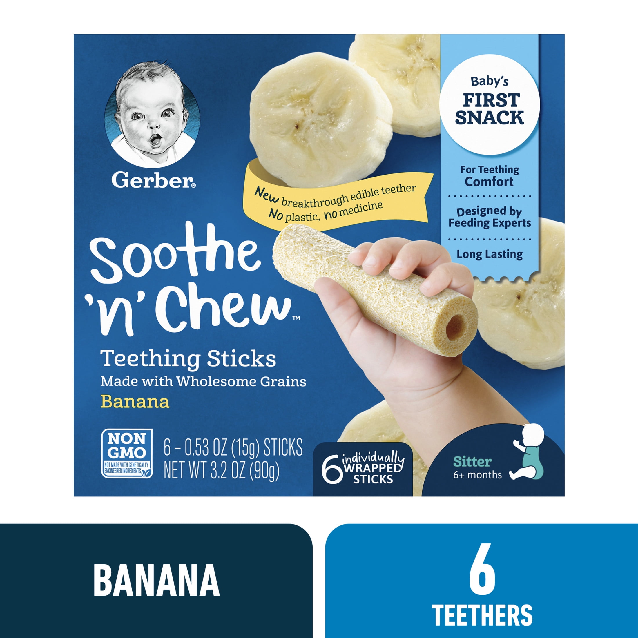 Gerber Snacks for Baby Soothe n Chew Teething Sticks Banana, 0.53 oz Box (6 Pack)