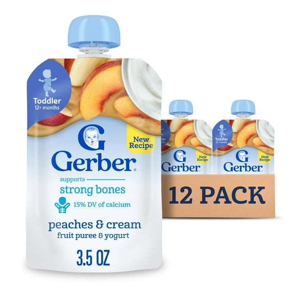 Gerber Snacks for Toddler, Fruit and Yogurt Peaches and Cream, 3.5 oz Pouch (12 Pack)