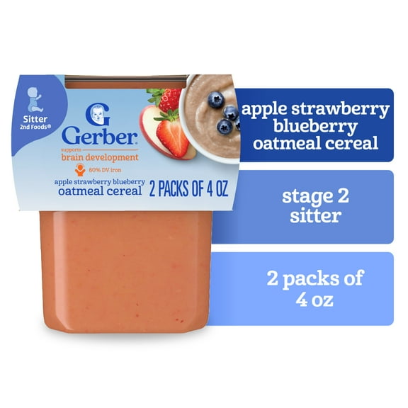 Gerber Stage 2 Baby Food, Apple Strawberry Blueberry Oatmeal Cereal Tub, Baby Cereal, 2PK 8 oz