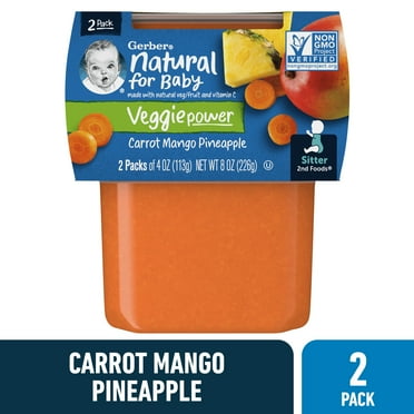 Gerber Stage 2 Baby Food, Carrot Mango Pineapple Puree, 4 oz Tubs (2 Pack)