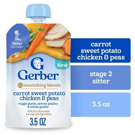 Gerber Stage 2 Baby Food, Carrot Sweet Potato Chicken & Peas, Baby Food Pouches, Puree 3.5 oz
