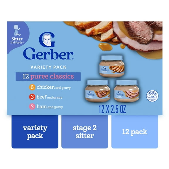 Gerber 2nd Foods Puree Favorites, Beef, Turkey, Ham and Chicken Baby Food Variety Pack, 2.5 oz Jars (12 Pack)