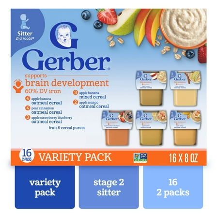 Gerber 2nd Foods Fruit & Cereal Puree Favorites Baby Food, Variety Pack, 4 oz Tubs (32 Pack)